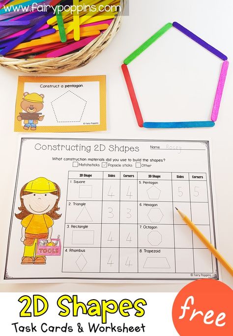 These free shapes activities for preschool, kindergarten, first grade and second grade help kids learn about shapes with straight sides. Kids use their fine motor skills to construct 2D shapes and 3d shapes out of popsicle sticks or craft matchsticks. The free math activities include task cards and worksheets. #shapesactivities #2dshapes #3dshapes #constructiontheme #preschoolmath #kindergartenmath #firstgrademath #secondgrademath #freehomeschool #freeprintables #mathcenters Shape Activities Kindergarten, 3d Shapes Activities, Shape Sorting Activities, 2d Shapes Activities, Shapes Lessons, Shapes Worksheet Kindergarten, Blends Activities, Shapes Kindergarten, Geometry Activities