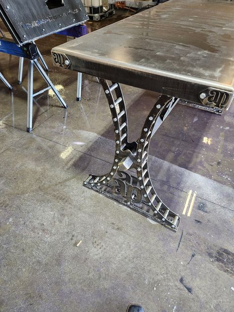 Custom Designed Industrial Deco Table and matching LED backlit Sign.. Table leg/Corner Badges Designed of your choice.. from business logos to family name/crest to anything you can imagine.  Standard Table size is 72x30x42 height..  Sign is 39x39...  If want a different size or questions in designs.. reach out to me and we can get one drawed up for your approval.  All tables/signs designs/sizes  Approved before purhase.  Prices vary by size. Modern Industrial Table, Metal Tables, Modern Style Bed, Industrial Table Legs, Industrial Style Table, Metal Beam, Welded Furniture, Industrial Style Furniture, Backlit Signs