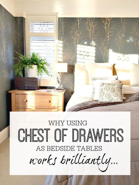 Why using chests of drawers as bedside tables works really well. Master bedroom inspiration and ideas to make best use of the space. Master bedroom interior design and style. #bedroomstyle #bedroomlayout #bedroomfurniture #chestofdrawers Bedroom Storage Design, Bedside Tables Ideas, Bedroom Storage Chest, Chest Of Drawers Bedroom, Bedside Drawers, Storage Bench Bedroom, Bedside Table Design, Bedroom Chest Of Drawers, Office Room Decor