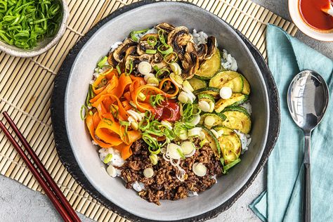 Ground Beef Bulgogi Recipe, Beef Bibimbap, Beef Bulgogi Recipe, Bibimbap Bowl, Hellofresh Recipes, Zucchini Mushrooms, Bulgogi Sauce, Fresh Recipe, Bulgogi Recipe