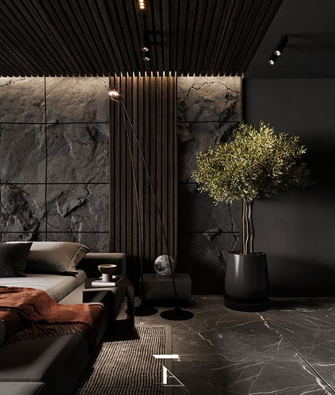 Interior Design Living Room Dark, Minimalist Interior Design Living Room, Salad Restaurant, Modern Minimalist Interior Design, Bedroom Behance, Dark Interior Design, Art Deco Home Decor, Living Room Decor Lights, Modern Villas