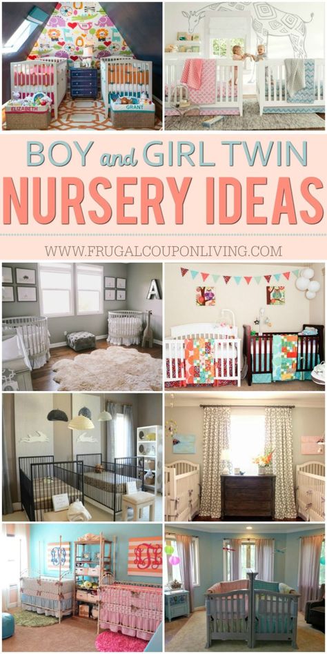 Inspiring Twin Nursery Ideas for Boy Twins, Girl Twins and Boy/Girl Twins on Frugal Coupon Living. Cute and adorable nurseries to get you motivated during your nesting. Boy Nursery Ideas. Girl Nurseries. Twin Nurseries. Boy And Girl Twin Nursery, Twin Nursery Themes, Twin Nursery Ideas, Boy Girl Twins Nursery, Twin Nursery Gender Neutral, Nursery Ideas Girl, Twin Baby Rooms, Twins Girl, Shared Nursery