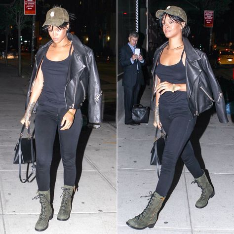 Rihanna Casual, Fall Outfits With Hats, Robyn Fenty, Fall Outfits Women 30s, Combat Boot Outfit, Legging Outfit, Suede Combat Boots, Rihanna Outfits, Shoes Stylish