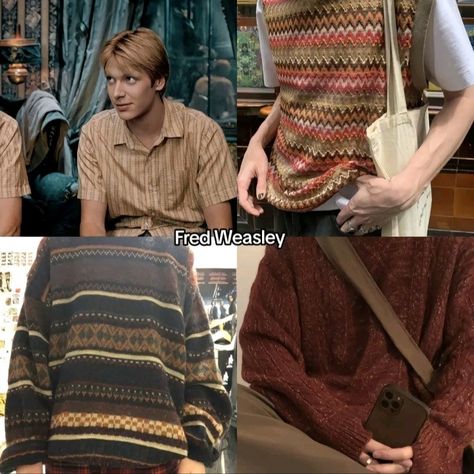 Weasleycore Outfits, Fred And George Weasley Costume, George Weasley Sweater, Fred Weasley Inspired Outfits, George Weasley Outfit, Fred Weasley Outfit, Hogwarts Outfits Aesthetic, Weasley Outfits, Weasley Twins Fanart