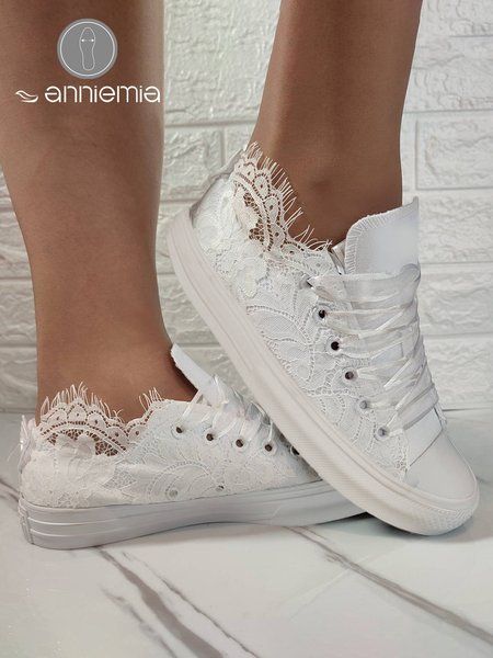 Wedding White Lace Lace-up Canvas Shoes | zolucky Wedding Snikers Shoes, Matching Sneakers Wedding, Flat Wedding Shoes For Bride Boho, White Bridal Sneakers, White Wedding Converse, Bride Vans Shoes, Converse Wedding Shoes Bride, Wedding Dress With Converse, Wedding Dress With Sneakers