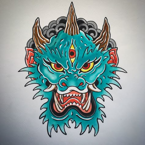 Dragon Face Tattoo, Traditional Japanese Tattoo Flash, Dragon Head Tattoo, Colored Tattoo Design, Evil Skull Tattoo, Japanese Dragon Tattoo, Dragon Face, Japan Tattoo Design, Traditional Japanese Tattoos