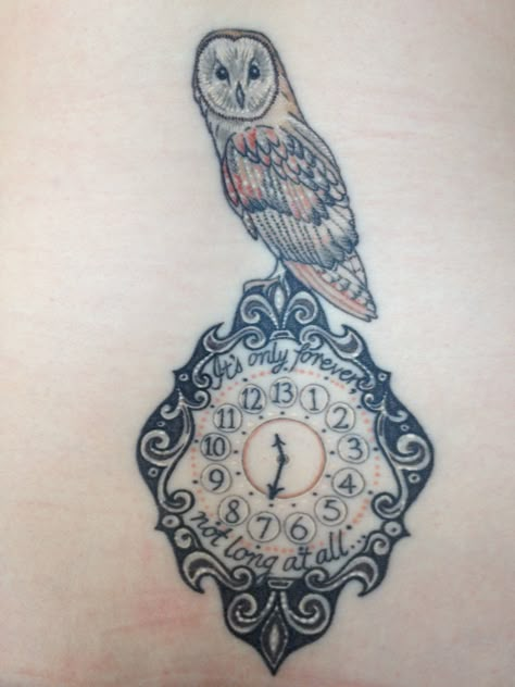 My Labyrinth tattoo! Clock and barn owl and song quote! Done by Sherley at Fallen Owl Tattoo! 13 Hour Clock, Labyrinth Tattoo Ideas, White Owl Tattoo, Jareth Labyrinth, Alabama Tattoos, Tattoo Movie, Maine Tattoo, Tattoo Clock, Mens Owl Tattoo