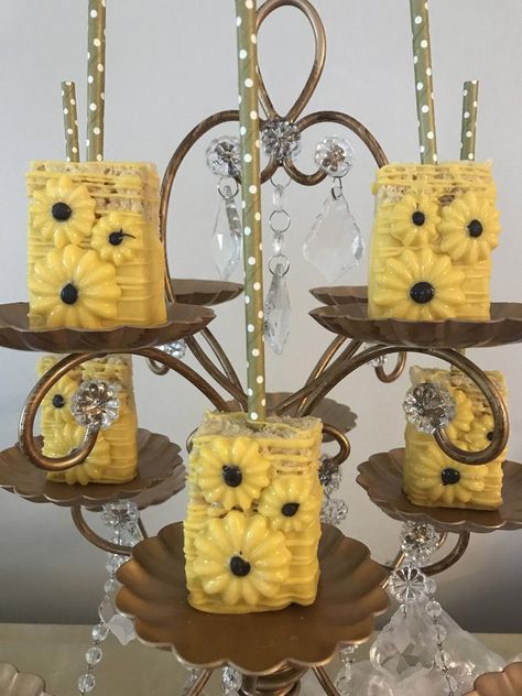 Sunflower Theme Chocolate Covered Rice Krispie Treats Yellow | Etsy Sunflower Treats, Covered Rice Krispie Treats, Chocolate Covered Rice Krispies, Chocolate Covered Rice Krispie Treats, Sunflower Birthday Parties, Sunflower Cookies, Sunflower Birthday, Sunflower Theme, Sunflower Party