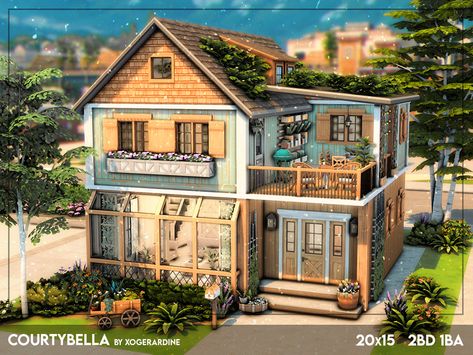 The Sims Resource - Courtybella (NO CC) Cute Sims House Ideas, The Sims 4 Gallery Houses, Ecolifestyle Sims 4 House, Sims 4 Cottage Floorplan, Sims 4 Houses Gallery No Cc, House With Sunroom Floor Plans, Sims Coastal House, Sims House Floor Plans, No Cc Sims 4 House