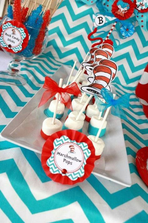 Dr seuss marshmallow pops Dr Seuss Birthday Party Ideas, Doctor Suess Birthday, Dr Seuss Party Ideas, Thing 1 And Thing 2, Dr Seuss Birthday Party, Dr Seuss Baby Shower, Twin Birthday Parties, Seuss Party, Dr Seuss Birthday