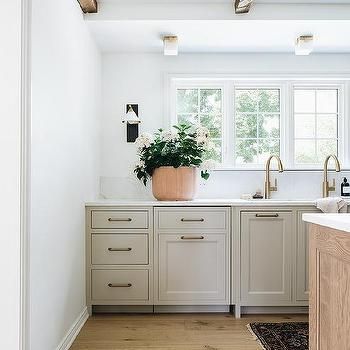 Nickel Vanity Mirrors with Aged Brass Faucets - Transitional - Bathroom Taupe Kitchen Cabinets, Taupe Bathroom, Stoffer Home, Greige Kitchen, Taupe Kitchen, Beige Cabinets, Cabinet Wood, Grey Kitchen Cabinets, Kitchen Cabinet Colors