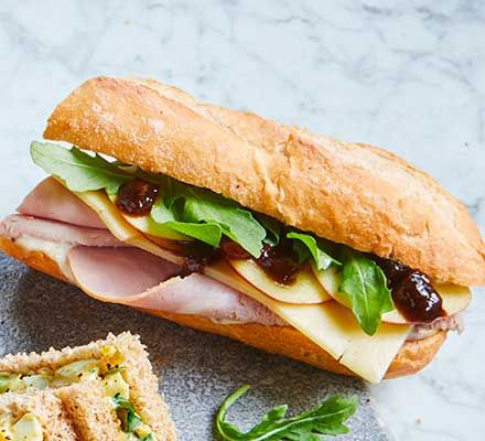 Take the humble Ploughman's sandwich to new levels of excellence with our new take on this retro classic, with added mustard-mayo, apple and smoked ham Ploughmans Sandwich, Braeburn Apple, Crab Sandwich, Best Sandwich Recipes, Bacon Sandwich, Sandwich Fillings, Bbc Good Food, Simple Sandwiches, Smoked Ham