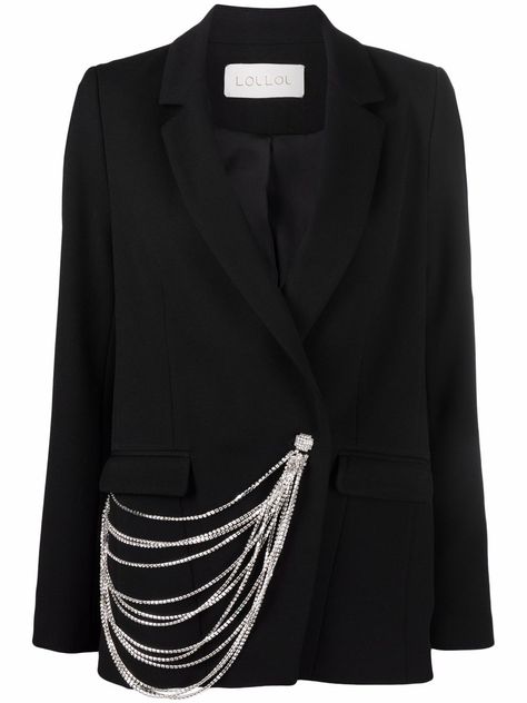 Blazer With Chains, Black And Silver Outfit, Designer Tailored Embellished Blazer, Luxury Embellished Blazer With Notch Lapel, Chain Blazer, Luxury Black Edgy Blazer, Long Blazer Vest, Black And Silver Outfits, Designer Embellished Black Blazer