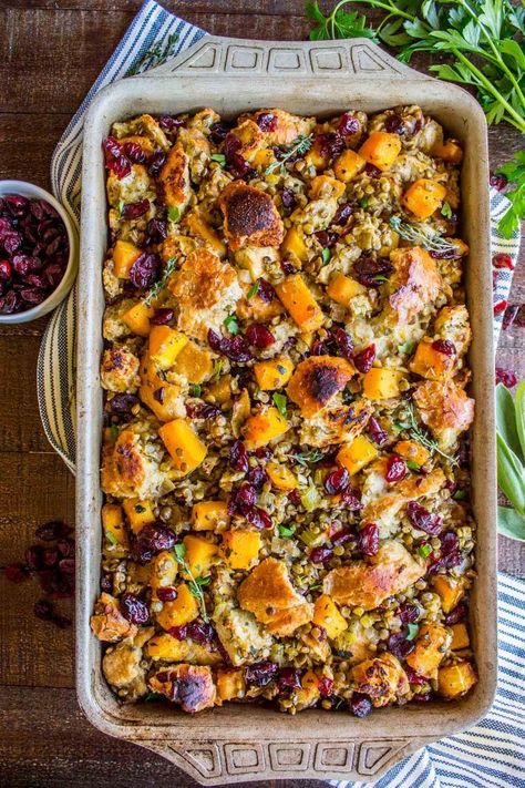 Butternut Squash, Cranberry, and Lentil Stuffing Butternut Squash Cranberry, Sides Thanksgiving, Autumn Side Dishes, The Food Charlatan, Homemade Stuffing, Brie Bites, Throwing Clay, Thanksgiving Side Dish, Holiday Sides