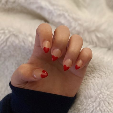 short almond shape nails with red heart tips Heart Shape French Tip Nails, Heart Shape Nails, Heart Shaped French Tip, Sweet Tart Heart Nails, Red Heart Tip Nails, Heart Shaped French Nails, Red Heart Almond Nails, Heart Almond Acrylic Nails, Heart Tips Nails