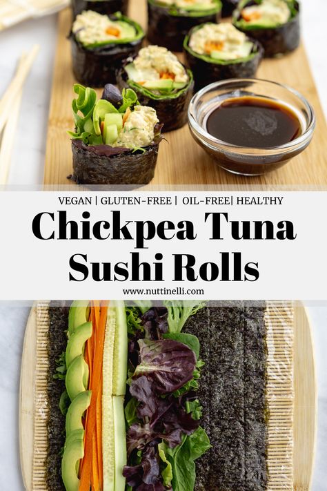 Vegan Sushi No Seaweed, Raw Vegan Snacks Easy, Vegan Sushi Sandwich, Vegan Tuna Sushi, Chickpea Sushi, Vegan Sushi Recipe, Plant Based Sushi, Vegan Sushi Recipes, Vegetarian Sushi Bowl