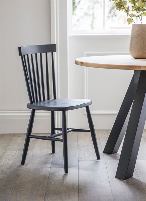 Spindle Back Carbon Beech Chair | Coates & Warner Black Wooden Kitchen, Spindle Back Chair, Reno House, Spindle Chair, Garden Trading, Room Styling, Kitchen Chair, Indoor Chairs, Indoor Dining