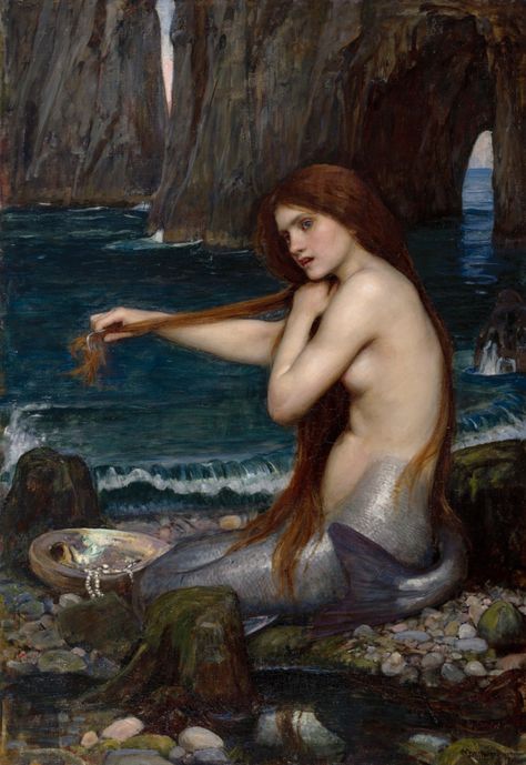 John William Waterhouse presented this painting to the Royal Academy after his election as an Academician. From the 1880s Waterhouse exhibited at the Royal Academy and the New Gallery both complex compositions with many figures as well as single figures often taken from literature or Greek mythology. It is possible that Waterhouse's painting of A Mermaid was inspired by Alfred Lord Tennyson's poem The Mermaid (1830) which includes the linesWho would beA mermaid fair,Singing alone,Combing her hai Waterhouse Paintings, John Waterhouse, Fantasy Poster, Mermaid Poster, Pre Raphaelite Brotherhood, Pre Raphaelite Art, William Ellis, Most Famous Paintings, John William Waterhouse