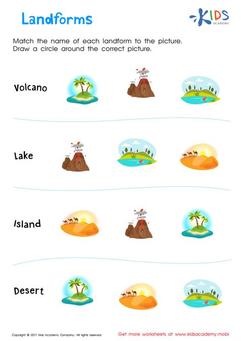 This landforms printable worksheet is the perfect tool to introduce your child to the different types of terrain found across the globe! Landforms Worksheet, Landforms Activities, Kindergarten Pictures, Preschool Pictures, Worksheet For Kindergarten, Counting Practice, Geography Worksheets, Kindergarten Social Studies, Map Worksheets