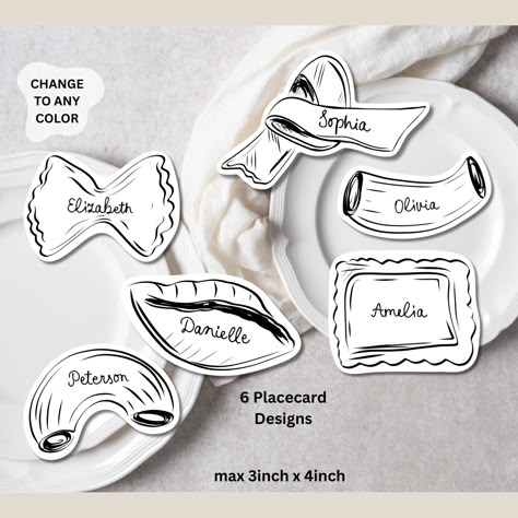 Pasta Place Cards Template, Whimsical Place Card, Pasta shapes Place Card, Pasta food Editable Table, Pasta Bridal shower place card Pasta Bachelorette Party, Fun Place Cards Wedding, Italian Place Cards, Amalfi Wedding Invitation, Pasta Themed Bridal Shower Ideas, Pasta Party Decorations, Italy Themed Bridal Shower Ideas, Homemade Place Cards, Italian Tablescape