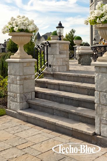 Stone Pillars Driveway Entrance, Front Porch Steps, Driveway Entrance, Landscaping Retaining Walls, Entrance Gates Design, Stone Pillars, Outdoor Steps, Front Yard Fence, Porch Steps