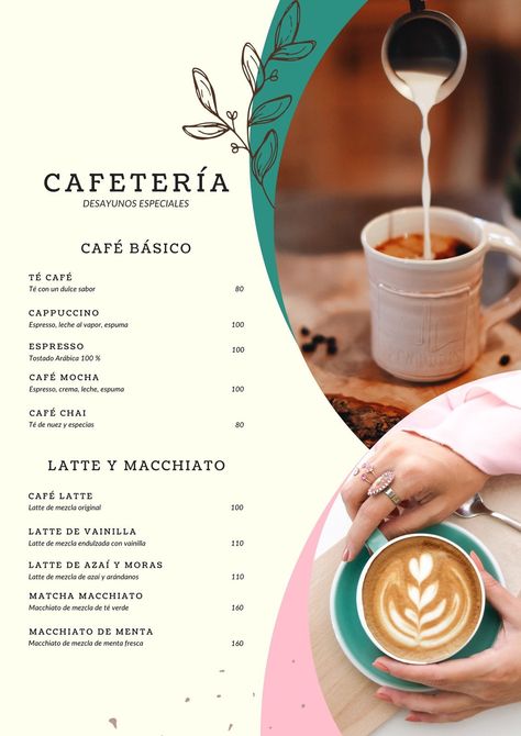 Menú Cafetería Café Premium Crema Marrón Verde Rosa - Plantillas de Canva Menu Cafeteria, Branding Palette, Cafeteria Design, Cafe Menu Design, Menu Card Design, Menu Card Template, Paper Box Template, Coffee Menu, Cafe Bistro