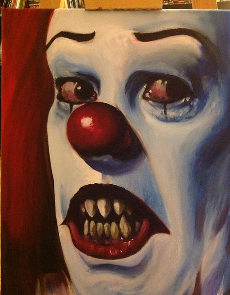 pennywise, it ,  instagram @needlesrejects Horror Oil Pastel Art, Terrifier Painting, Creepy Painting Ideas, Pennywise Painting, Pennywise Drawing, Horror Painting, Creepy Paintings, Clown Paintings, Easy Love Drawings