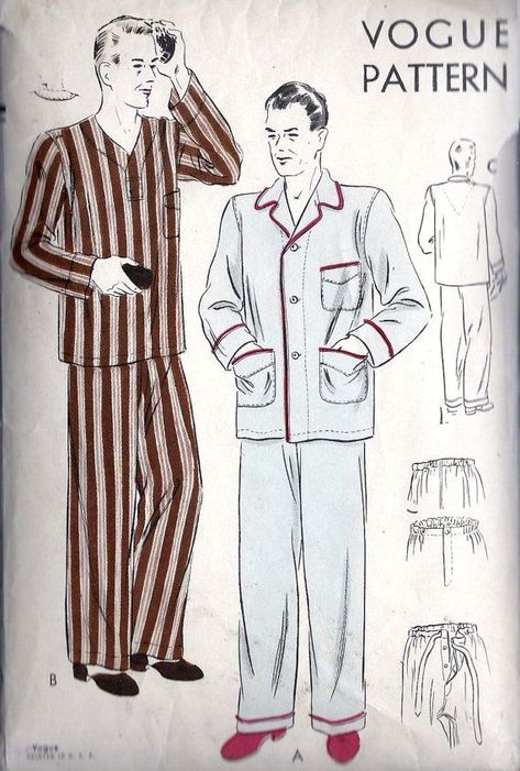 1965 Pyjamas Vogue Pattern Early Vintage Pajamas Vintage, Blithe Spirit, Men's Pajamas, Wrap Dress Pattern, Vintage Pajamas, Pajama Pattern, Solo Costume, Clothing Catalog, 1940s Fashion