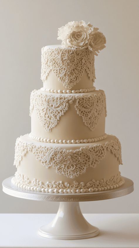 Classy 3-Tier Wedding Cake Designs in 2024 - cakevows.com Vintage Style Wedding Cake, Antique Wedding Cake, Ivory Wedding Cake, Wedding Cake Pearls, Wedding Cake Servings, Three Tier Cake, 3 Tier Wedding Cakes, Wooden Cake Stands, Basic Cake