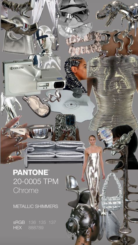 Chrome Fashion Aesthetic, Futuristic Fashion Moodboard, Silver Futuristic Fashion, Metaverse Photoshoot, Metallic Cybercore, Chrome Photoshoot Ideas, Chromatic Aesthetic, Silver Moodboard, Chrome Outfits