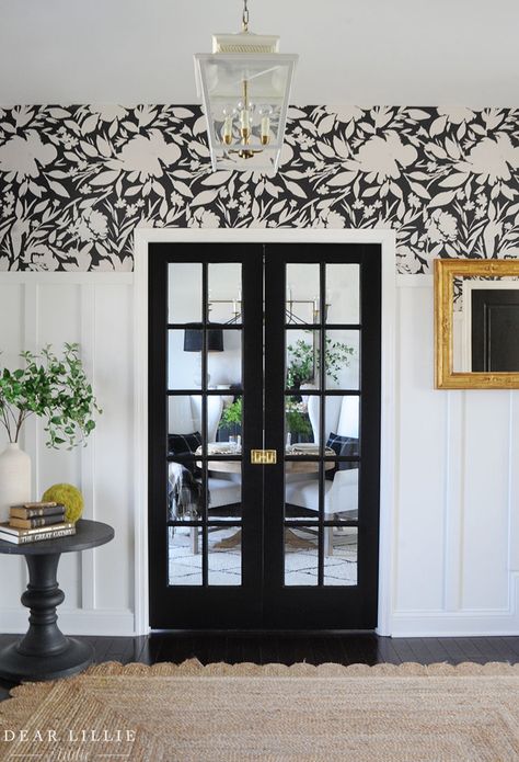 Black Trim With Wallpaper, Wallpaper In Hallway Entryway, Board Batten Wallpaper, Wallpaper Entryway Ideas, Foyer Accent Wall Entryway, Board And Batten Wall Design, Board And Batten Wall With Wallpaper, Batten And Wallpaper, Transitional House Interior