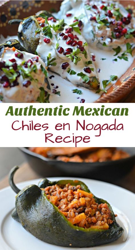 Inside: Keep reading to find out how to make this delicious chiles en nogada recipe; made with poblano peppers, stuffed with seasoned ground beef, and smothered in a delicious, creamy salsa Authentic Mexican Recipes, Latin American Food, Mexican Dish, Healthy Mexican, Mexican Cooking, Hispanic Food, Authentic Mexican, Latin Food, Mexican Food Recipes Authentic