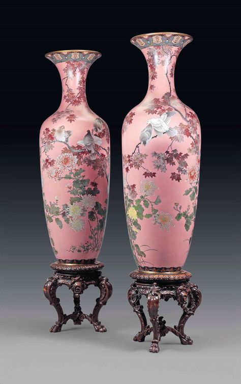 A PAIR OF LARGE JAPANESE CLOISONNE ENAMEL VASES, ON STANDS | MEIJI PERIOD (1868-1912) | late 19th Century, Furniture  Lighting | Christie's Pink Ground, Large Ceramic Vase, Japanese Vase, Meiji Period, Chinese Vase, Asian Decor, Antique Vase, Porcelain Art, Japanese Porcelain