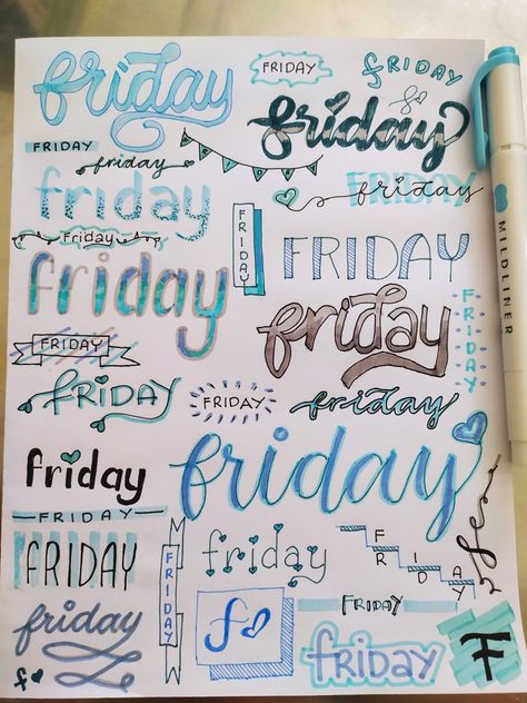 Friday Calligraphy, Different Types Of Handwriting, Friday Lettering, Types Of Handwriting, Header Ideas, Cute Handwriting, Bullet Journal Headers, Cute Writing, Lettering Styles Alphabet