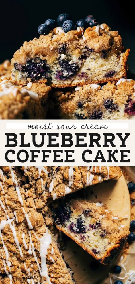 This blueberry sour cream coffee cake is so moist with loads of fresh blueberries! Topped with a brown sugar crumble and a light lemon icing, this is the perfect dessert to celebrate berry season. #blueberry #coffeecake #blueberrycake #blueberrydessert #butternutbakery | butternutbakeryblog.com Blueberry Sour Cream Coffee Cake, Blueberry Coffee Cake Recipe, Butternut Bakery, Crumb Coffee Cakes, Blueberry Buckle, Healthier Sweets, Pies Recipes, Blueberry Coffee Cake, Blueberry Coffee