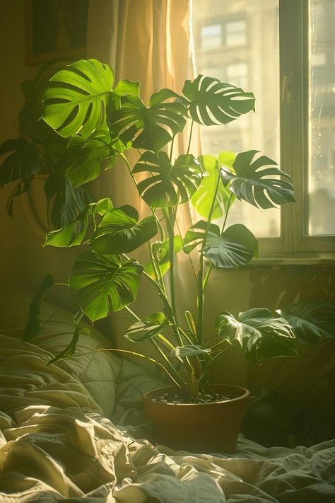 Add life to your plant room with top indoor plants. Enhance your greenery aesthetic and indoor plants decor beautifully. Monstera Plant in cozy boho bedroom. House Plants Monstera, Plant Asthetic Picture, Plant Asethic, Aesthetic Plant Pictures, Plants Astethic, Pretty Plants Aesthetic, Plant Home Aesthetic, Plants Photography Aesthetic, Big Houseplants