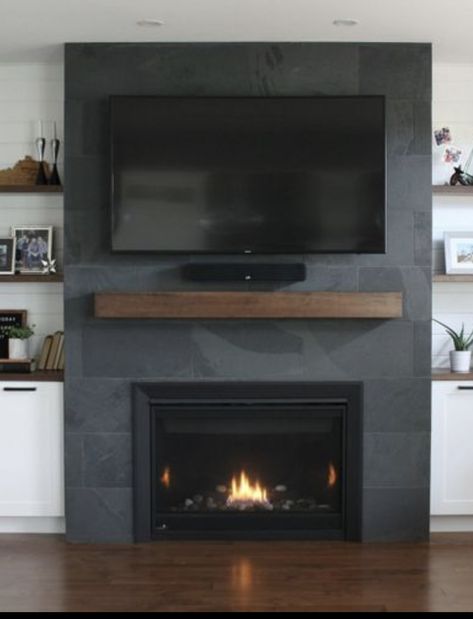 Tiled Fireplace Wall, Black Mantle Fireplace, Black Tile Fireplace, Fireplace Painting, Fireplace Styles, Painting Brick, Black Mantle, Wood Mantle Fireplace, Fireplace Black