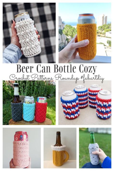 Beverage Beer Can Bottle Cozy Free Crochet Patterns Crochet Can Coozie Pattern Free, Crochet Beer Cozy, Beer Bottle Cozy, Learn Crochet Beginner, Crochet Beer, Mason Jar Cozy, Bottle Cozy, Beer Cozy, Can Cozy