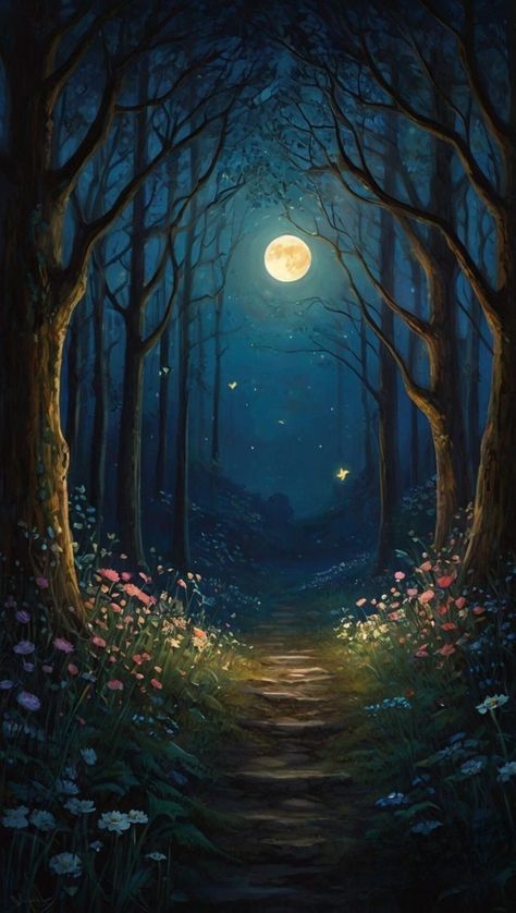 Moon Scenery Drawing, Forest Illustrations, Drawing Scenery, Forest Drawing, Staircase Wall, Dreamy Artwork, Forest Illustration, Night Landscape, Landscape Art Painting