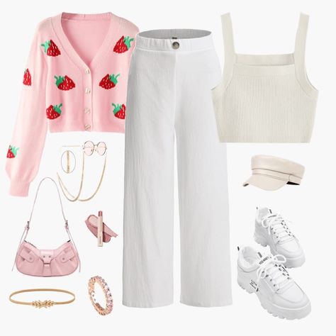 Pink inspiration for fall outfit. Check the item in http://api-shein.shein.com/h5/sharejump/appjump?link=VMIDFhjN0ea&localcountry=PL, #fashion #aesthetic #pink #fall #sweater #outfits #strawberry #dailylook Strawberry Sweater Outfit, Strawberry Sweater, Pink Inspiration, Pink Sweater, Daily Look, Cute Fits, Sweater Outfits, Fall Outfits, Pink