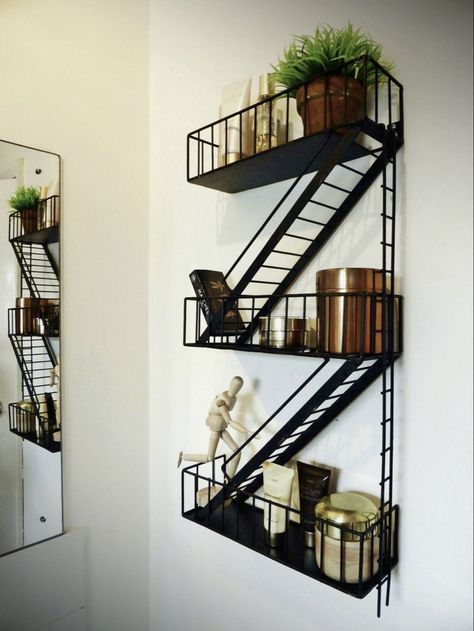 (modern kitchen design, modern bedroom design, fire escape aesthetic, fire escape decor, city aesthetic, new york aesthetic, New York City) Fire Escape Decor, Fire Escape Shelf, Hanging Wall Shelves, Shelves Small, Weird Furniture, Unique Shelves, Floating Staircase, Wall Organizer, Decor Shelf