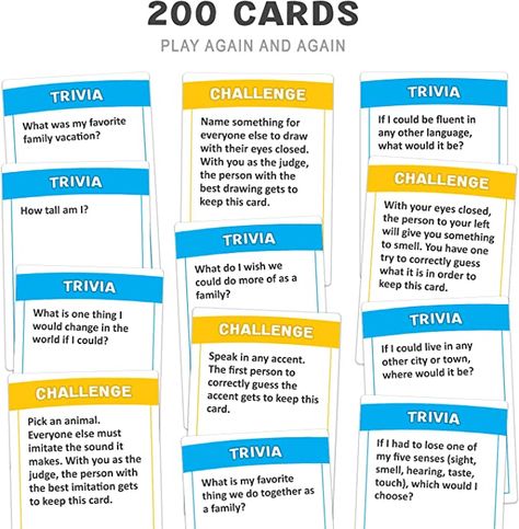 Games, family, trivia Family Conversation Starters, Fun Trivia Questions, Family Conversation, Family Bonding Activities, Party Card Games, Family Card Games, Learn And Play, Fun Card Games, Challenge Games