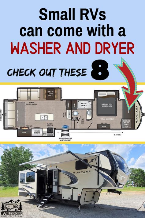 Finding a washer and dryer combo in a small RV isn’t easy but this article shows you the 8 best trailers, campers and RVs with a washer and dryer that fit in some small spaces. Having an washer dryer in an RV is one of the best full time RV living hacks. Check out this article to learn more! #rvblogger #smallrvs #traveltrailers #rvwasher #rvglamping #rvtips #rvtypes Full Time Rv Living Hacks, Rv Living Hacks, Rv Washer Dryer, Best Small Rv, Washer And Dryer Combo, Portable Washer And Dryer, Fifth Wheel Living, Camper Flooring, Full Time Rv Living