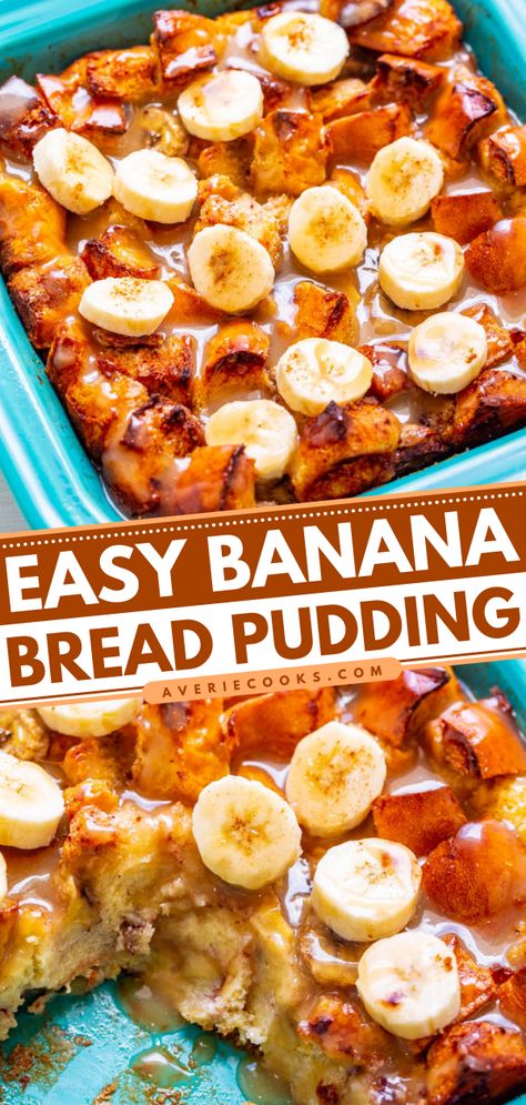 Easy Banana Bread Pudding Recipe - Averie Cooks Bread Pudding No Raisins, Banana Pudding Bread, Betty Crocker Banana Bread, Banana Bread Pudding Recipe, Bread Pudding Recipe Easy, Hearty Bread, Homemade Glaze, Best Bread Pudding Recipe, Comfort Food Desserts