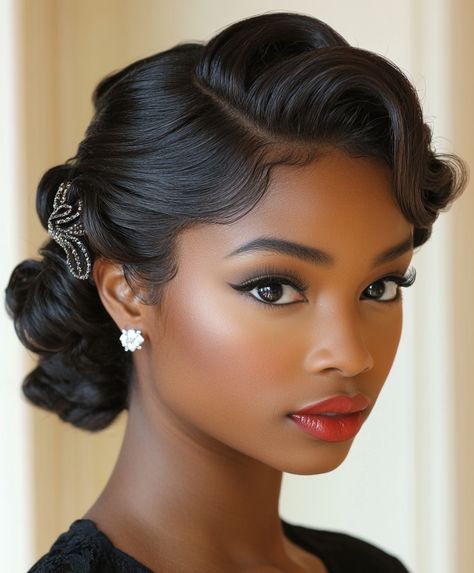 Simple Elegant Twist Christmas Hair Ideas Classy Women Hairstyles, Elegant Up Dos For Medium Hair, Elegant Short Hairstyles Classy, Hollywood Glam Updo, Pin Up Curls For Black Women, Pin Curls For Long Hair, Audrey Hepburn Hairstyles, 1950s Black Hairstyles, Women With Dyed Hair