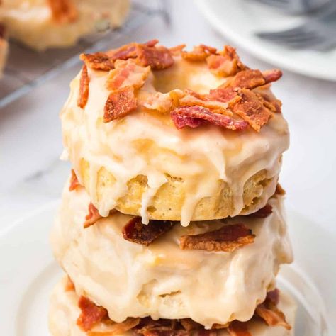 Air Fryer Maple Doughnuts With Bacon, a simple and delicious homemade donut recipe made with biscuit dough and topped with glaze. Homemade Donut Recipe, Homemade Donut, Homemade Donuts Recipe, Leftover Dough, Doughnut Holes, Apple Corer, Donut Recipe, Biscuit Dough, Homemade Donuts