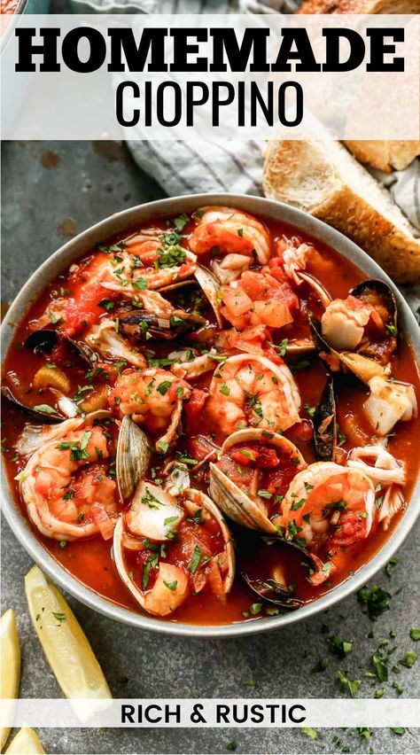 Classic Cioppino with seafood in a savory tomato broth, inspired by San Francisco cuisine. Ciopinno Seafood Stew, San Francisco Cioppino Recipe, Shrimp And Sausage Soup, Cioppino Recipe Italian, Ciopinno Seafood Stew San Francisco, Italian Seafood Soup, Ciopinno Recipe, Ciopinno Seafood Stew Easy, French Seafood Recipes