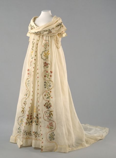 Ensemble (Dress, Over-Dress, Fichu): ca. 1798, European (probably), cotton, silk.  Interesting how dramatically styles changed in this decade! 1790s Fashion, 1700 Fashion, Gaun Abad Pertengahan, Regency Era Fashion, Regency Fashion, 18th Century Fashion, History Fashion, Old Dresses, Century Clothing