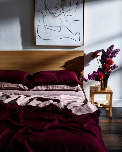 Bed Threads.® on Instagram: “Consider this: Ruby & Lavender—the perfect combination for a space that’s cosy, luxurious and ultra-inviting 🔮” Bed Threads, Bedroom Styling, Super King Duvet Covers, Moody Bedroom, Material Bed, Bedroom Decorating, Linen Sheets, Bed Linen Sets, Linen Duvet Covers