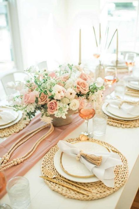 Take a look at this beautiful boho bridal shower! The table settings are so impressive! See more party ideas and share yours at CatchMyParty.com Bridal Shower Table Layout, Bridal Shower Table Settings, Boho Bridal Shower Table, Food Table Decorations, Boho Chic Party, Wedding Shower Party, Lunch Table, Rustic Party, Bridal Shower Tables